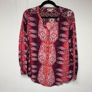 Lucky Brand Red and Pink Paisley Patterned Blouse Large